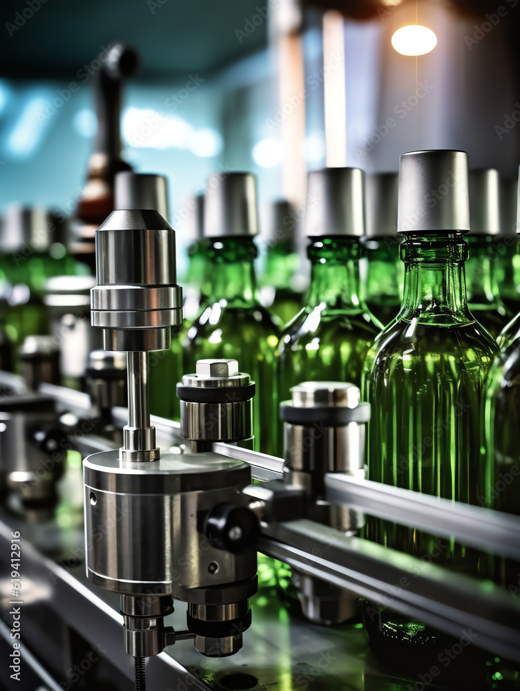 Aufkleber generative ai : the bottles are transferred on the conveyor belt system. industrial machine for auto