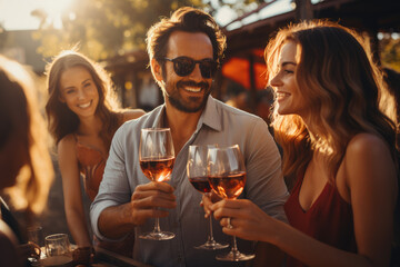 Vineyard Celebration: A Happy Group of Friends Embraces the Joy of Wine Tasting, Marking Moments of Friendship, Toasts, Celebration, and Engagement in a Picturesque Vineyard.

