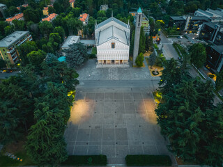 Italy, Milan, San Donato Milanese Aerial view. Top view of the street and rooftops of the city at...