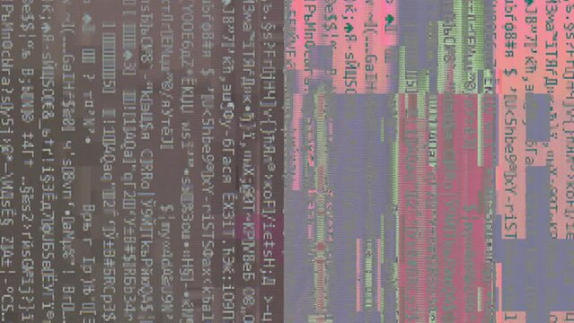 Vertical video. Data error. Digital glitch. Computer virus. Colorful pixel noise distortion artifacts on encryption text texture abstract background.
