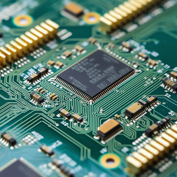 Generative AI : Small electronics integrated circuit IC on empty printed circuit board ready for hand assembly