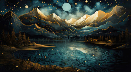  dreamy night sky with the moon in the sky, in the style of dark gold and teal, detailed comic book art, wilderness, tumblewave, whistlerian, painted illustrations, arts and crafts movemeAI Generative