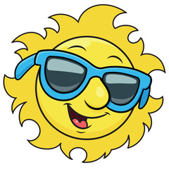 Smiling sun in sunglasses on white background