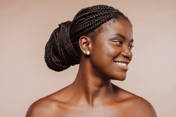 Beautiful black girl. Beauty portrait of african woman with clean healthy skin over beige background. Smiling beautiful female with black braid hair, top knot hairstyle. - obrazy, fototapety, plakaty