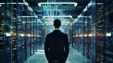 Fototapeta premium Big Data Center Chief Technology Officer Using Laptop Standing In Warehouse, Information Digitalization Lines Streaming Through Servers. SAAS, Cloud Computing, Web Service. Generative AI.