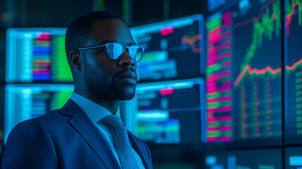 Portrait of Black Stock Market Trader Doing Analysis of Investment Charts, Graphs, Ticker Numbers Projected on His Face. African American Financial Analyst. Generative AI.