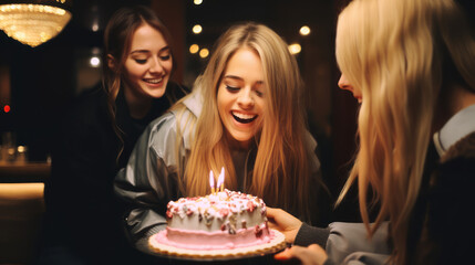 Joyful girl receiving gifts at a birthday party. Generative AI.