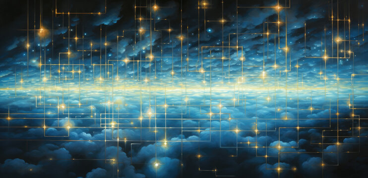 Abstract image of the night sky with stars and waves, in the style of intertwined networks, sparklecore, light black and teal, intel core, dazzling cityscapes, neo-academism, webcore AI Generative