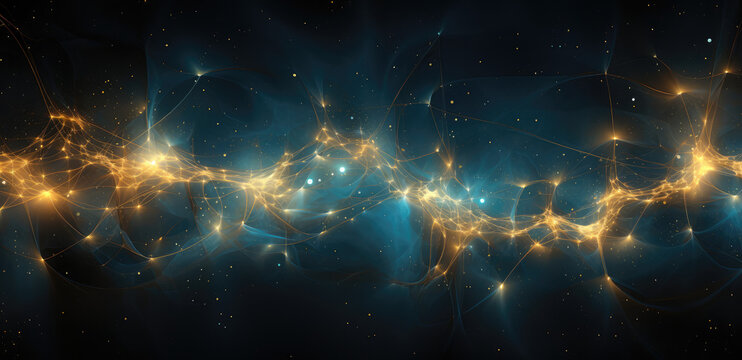 Abstract image of the night sky with stars and waves, in the style of intertwined networks, sparklecore, light black and teal, intel core, dazzling cityscapes, neo-academism, webcore AI Generative