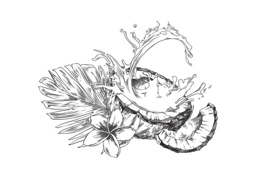 coconut splash black and white tropical art clip art preview