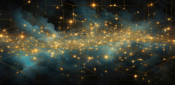 Abstract image of the night sky with stars and waves, in the style of intertwined networks, sparklecore, light black and teal, intel core, dazzling cityscapes, neo-academism, webcore AI Generative