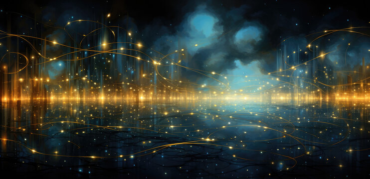 Abstract image of the night sky with stars and waves, in the style of intertwined networks, sparklecore, light black and teal, intel core, dazzling cityscapes, neo-academism, webcore AI Generative