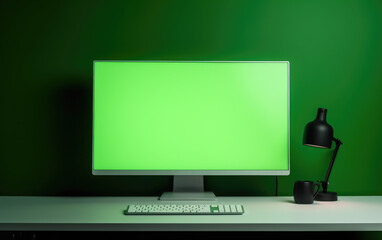 Computer monitor with fill green screen on office AI Generative
