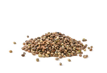 Heap of hemp seeds on white background.