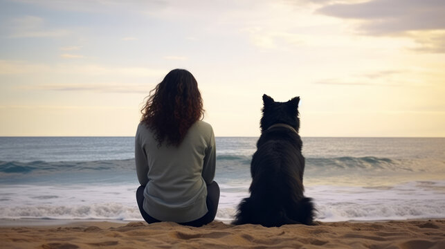 Young woman sitting and hugging dog on the beach. Friendship concept - woman and dog sitting together on a beach and enjoying sunrise. Back view. Generative AI.