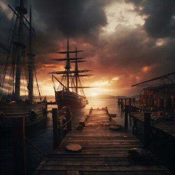 Sailing ship on the pier at sunset. Vintage toned picture
