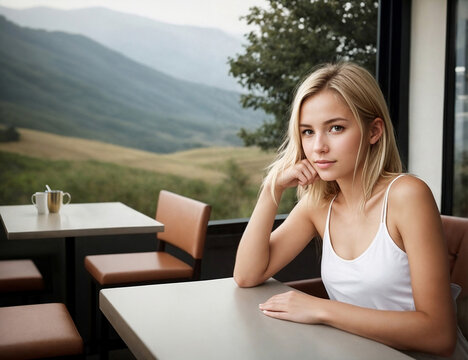 A young blonde girl is sitting alone in a cafe. Generative AI