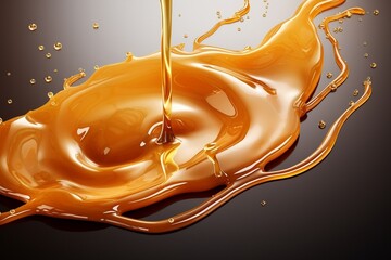 A splash of caramel colored liquid on a white background. Generative AI