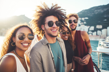 Group of mix race young people having a party on the luxury yacht