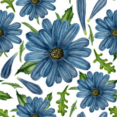 Tricky African Daisy Seamless Pattern. Blue Flowers and Petals with Green Leaves. Watercolor in wet in wet. Beeblossom leaves. Hand-drawn botanical illustration  for wallpaper, banner, textile