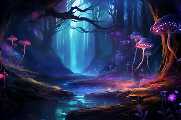 Fantasy landscape, magical night, fairy tale forest. Digital art, ai artwork, background or wallpaper 