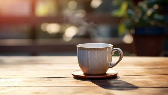 Steaming hot drink. Coffee on a table outside. Summer morning on a nice minimalist terrace. Breakfast beverage. Warm hot tea. Drink. Cozy and relaxing place. Espresso or cappucino. Empty space. 