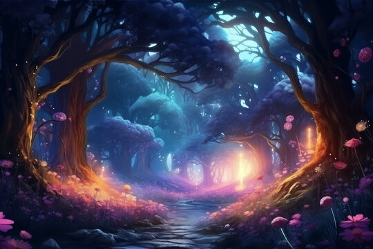 Fantasy landscape, magical night, fairy tale forest. Digital art, ai artwork, background or wallpaper 