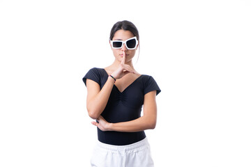 Studio portrait of young brunette model woman wearing funny fancy white sun glasses silence