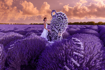 Beautiful woman in lavender field with treble clef and piano throne