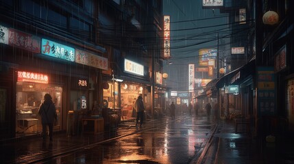 Fototapeta na wymiar Asian city street in rainy day. 3D rendering