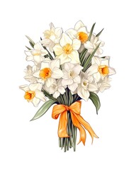 Obraz na płótnie Canvas Bouquet of narcissus flowers tied with orange ribbon on white background in watercolor style. Generative AI.