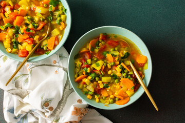 Minestrone soup from zucchini and tomato, onion and carrot, corn and peas with parsley, top view of soup plates, vegetarian soup