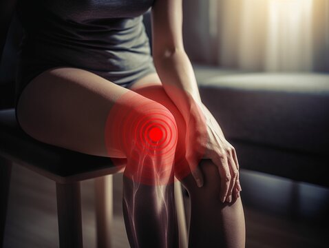 Pain collection, woman suffering from knee pain. Medical and health problem. Generative Ai