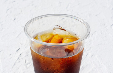 Close up of iced coffee in a plastic cup.  プラスチックのコップに入ったアイスコーヒーのクローズアップ