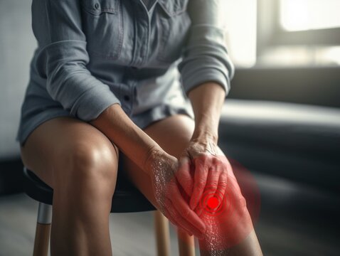 Pain collection, woman suffering from knee pain. Medical and health problem. Generative Ai