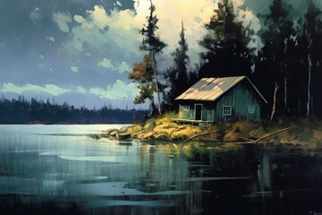 Landscape with hut by the lake, artistic style. Generative AI