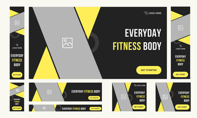 Set of creative body fitness web banner template design for social media posts, polygonal vector shape eps file format, fully customizable banner template design