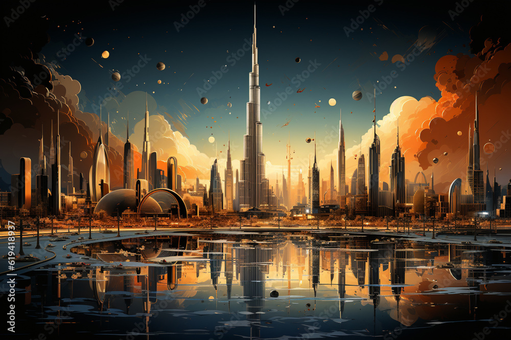 Poster In this abstract representation, the Burj Khalifa is transformed into a symphony of abstract patterns and textures. The image showcases intricate details,  Generative AI technology.
