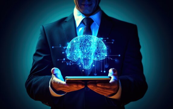 Businessman holding tablet, brain projection, technology and AI concept. Generative AI