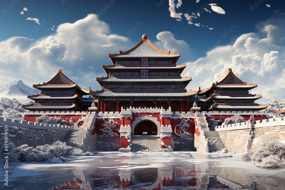 Poster this abstract representation of the forbidden city incorporates elements of surrealism. the image bl