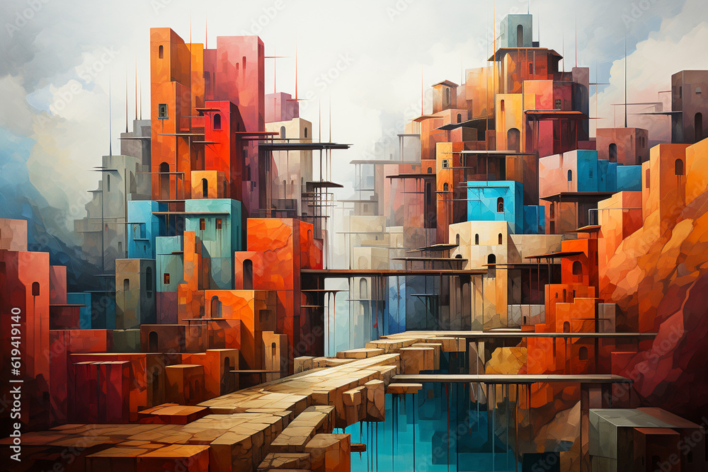 Poster In this artwork, the Forbidden City is depicted in an abstract cubist style. The image deconstructs the complex into geometric planes and angular forms, Generative AI technology.