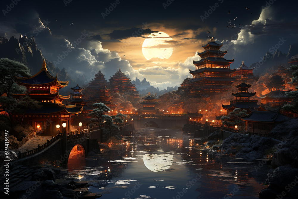 Aufkleber In this abstract representation, the Forbidden City is transformed into a fusion of abstract patterns and traditional Chinese motifs. Generative AI technology.