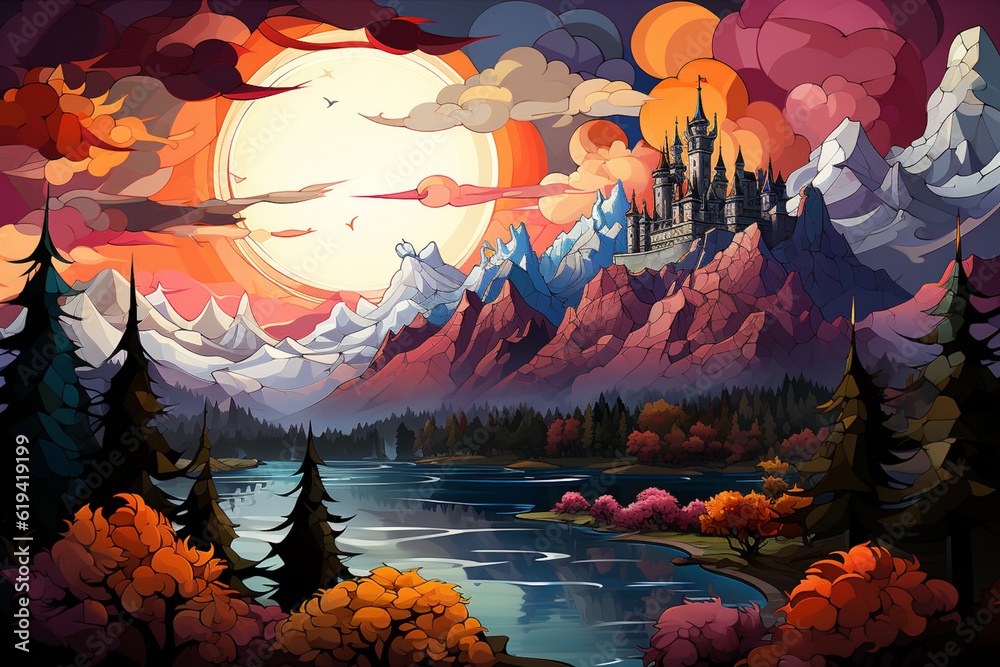 Aufkleber This abstract artwork of Neuschwanstein Castle captures the essence of the fairy tale-like structure in a unique and imaginative way.  Generative AI technology.