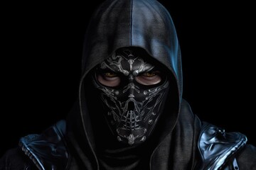 Fototapeta na wymiar Gloomy ninja with mask, black background. Generative AI