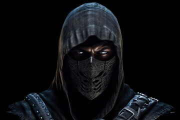 Fototapeta na wymiar Gloomy ninja with mask, black background. Generative AI