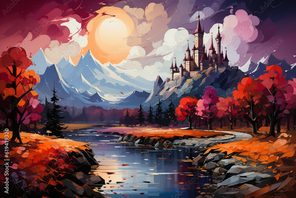 Poster In this artwork, Neuschwanstein Castle is reimagined through an abstract expressionist lens. The image features bold and energetic brushwork, dynamic lines,  Generative AI technology.