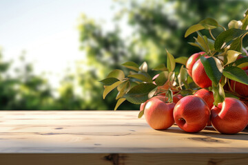 Tisch mit Freiraum für eine Produktpräsentation zum Thema Äpfel. Im Hintergrund unscharf Apfelbäume. - obrazy, fototapety, plakaty