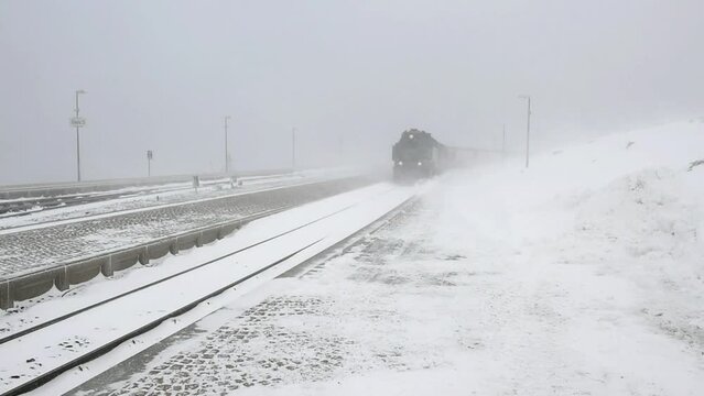 Steam locomotive of the Harzer Schmalspurbahn, HSB, arrives on the Brocken in winter, Saxony-Anhalt, Germany, Europe