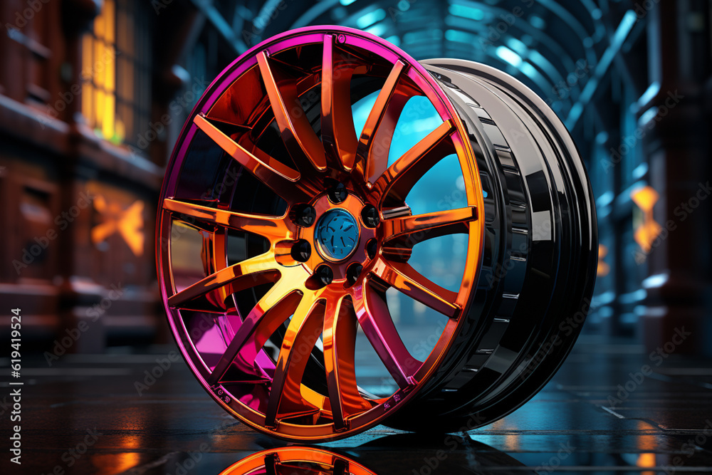 Poster An artistic rendering of a car wheel using abstract geometric shapes and vibrant colors Generative AI technology.