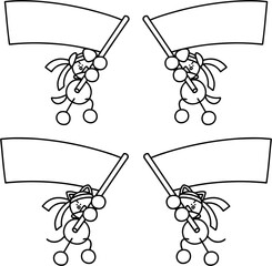 旗をふるわんまるとにゃんまるの線画セット　犬　猫